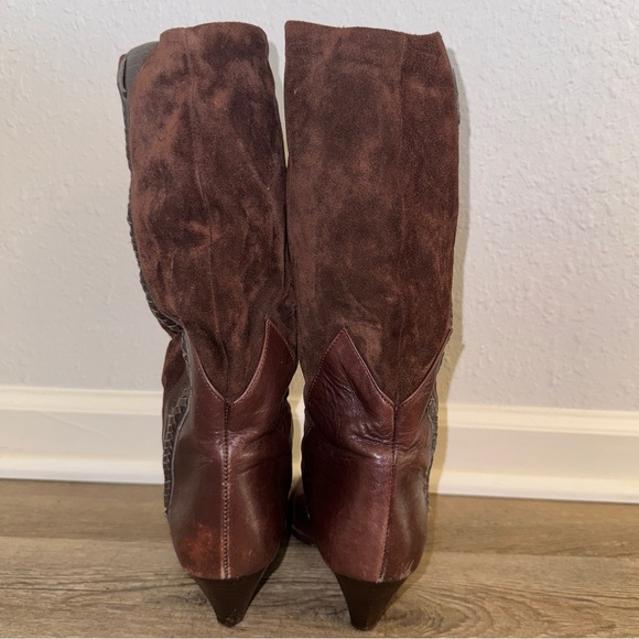 Suede Leather Calf-length Brown Slip On Western Riding Boots Size 7 - Picture 5 of 12